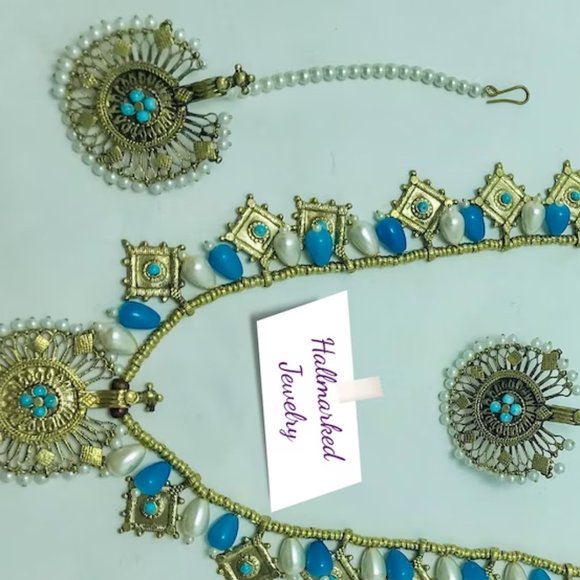 Tribal Jewelry Set With Pearls And Golden Big Motif, Turquoise Beaded Necklace - Picture 5 of 10